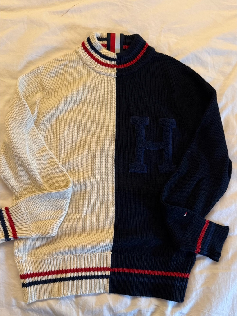 Tommy Hilfiger ribbed Navy, Cream & Red Split mock neck Sweater